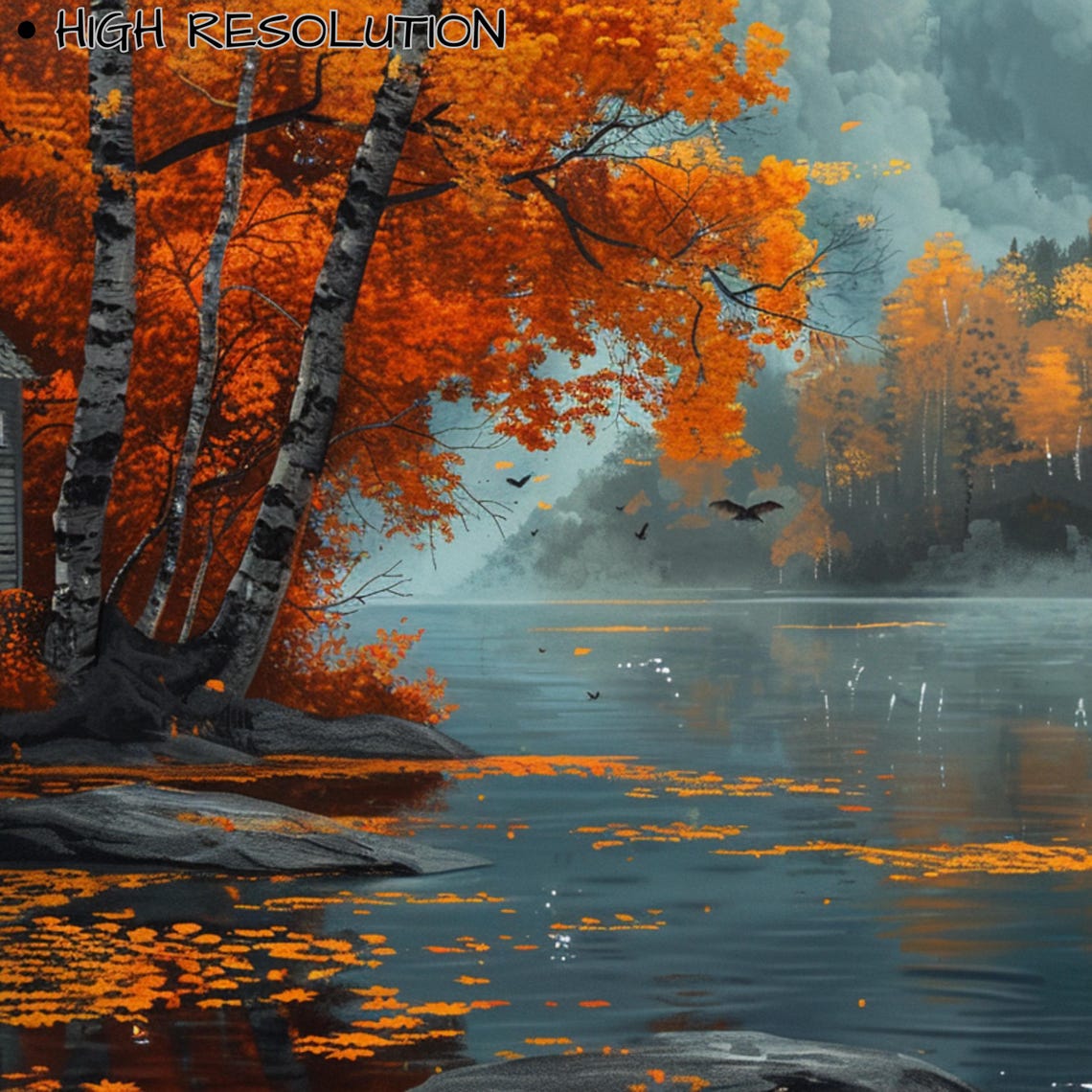 Ghost On Dock By Lake Cabin Autumn Birch Trees Misty Night Poster - Image 3