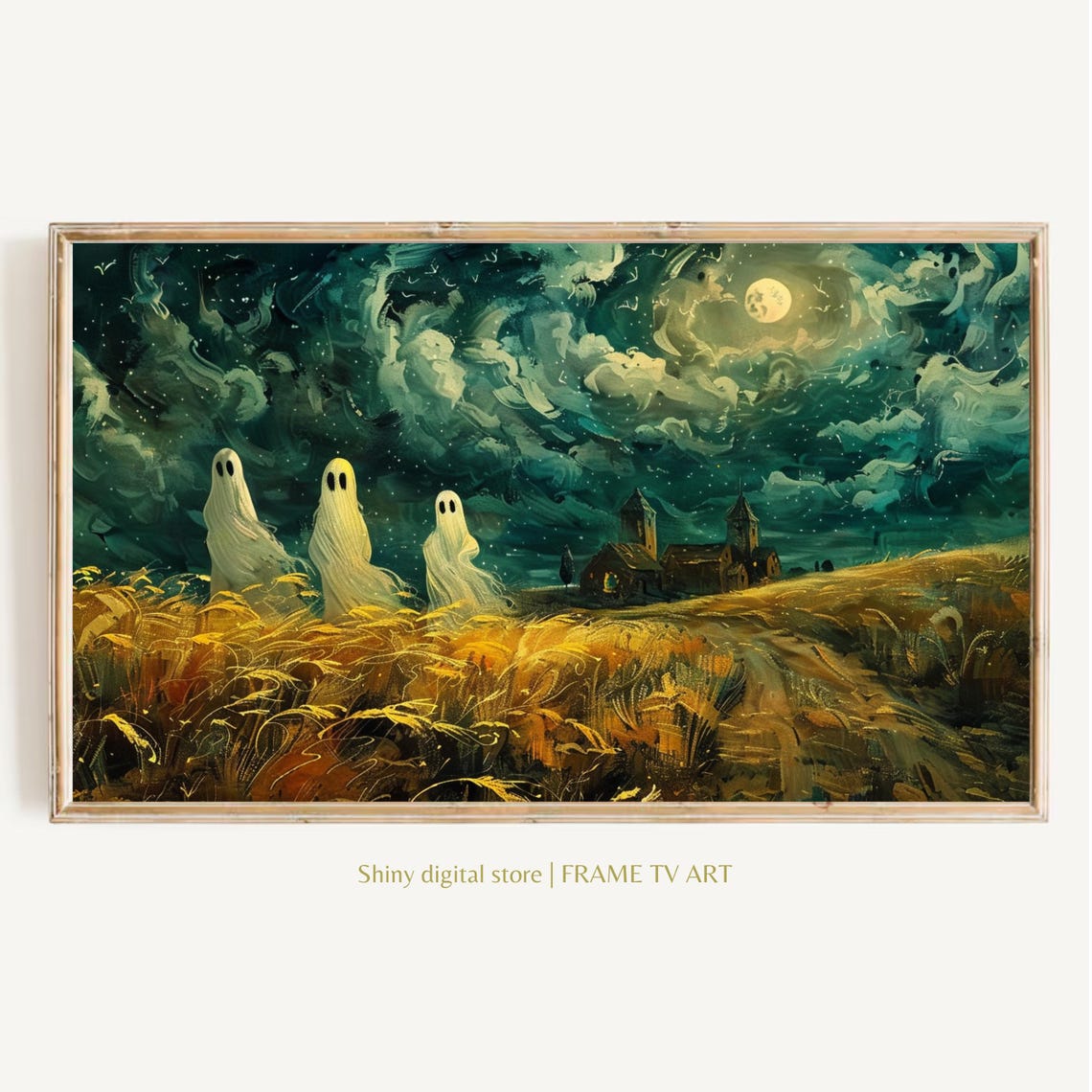 Cute Ghosts Golden Wheat Field Night Moon Spooky Halloween Poster