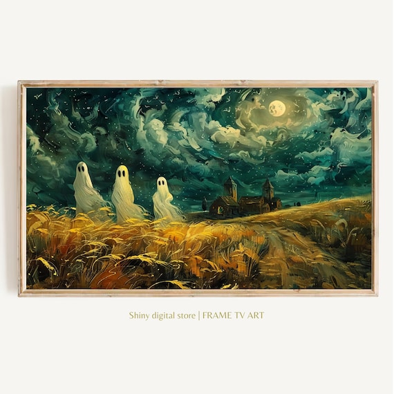 Cute Ghosts Golden Wheat Field Night Moon Spooky Halloween Poster