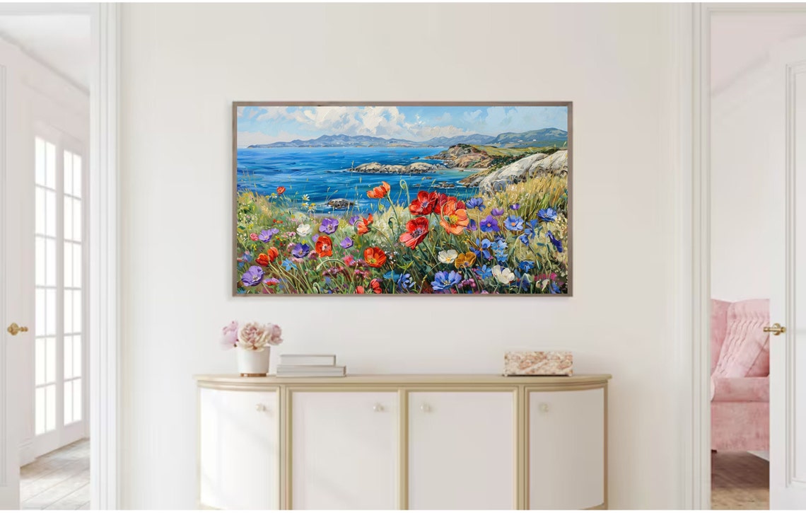 Red Poppies Blooming on Coastal Cliffs Blue Ocean Art Poster - Image 2