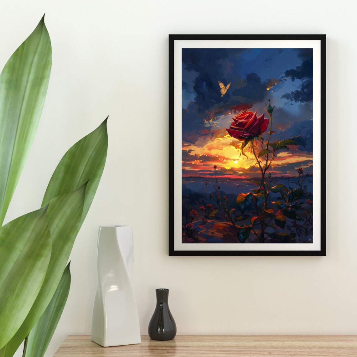 Red Rose Sunset Butterfly Painterly Romantic Floral Wall Poster - Image 2