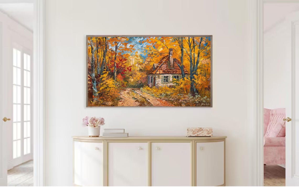 Cozy Autumn Cabin Orange Forest Textured Impasto Fall Landscape Poster - Image 3