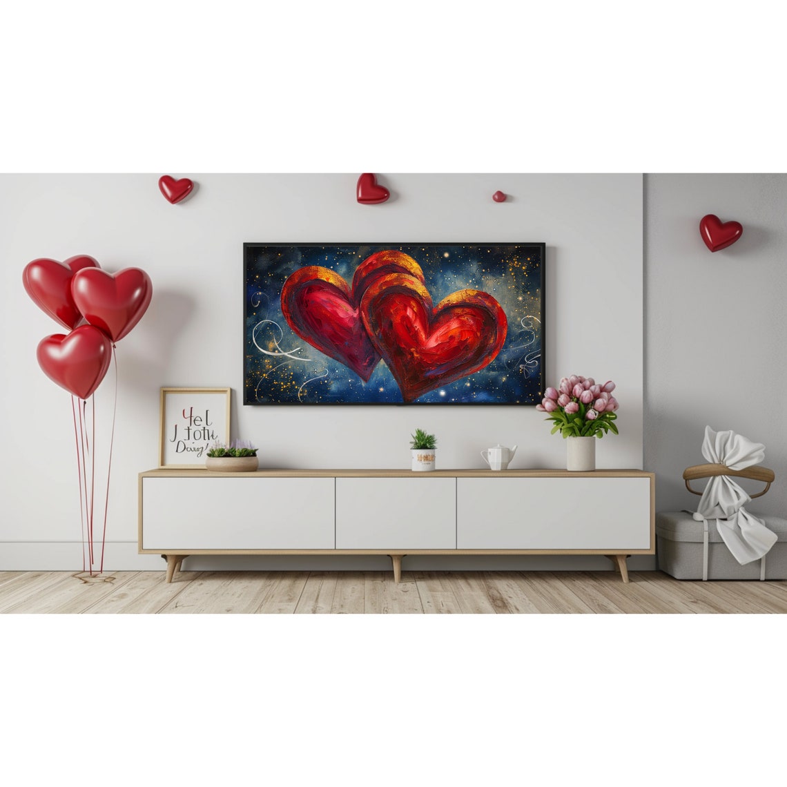 Two Red Hearts Painted Gold Accents Starry Night Sky Love Art Poster - Image 3
