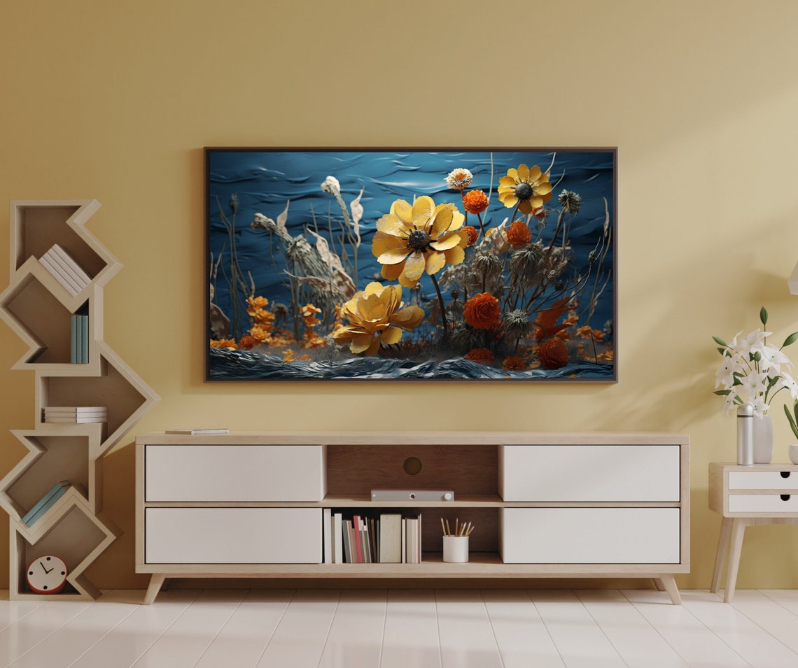 Golden Yellow Flowers 3D Textured Blue Wave Background Floral Print - Image 3