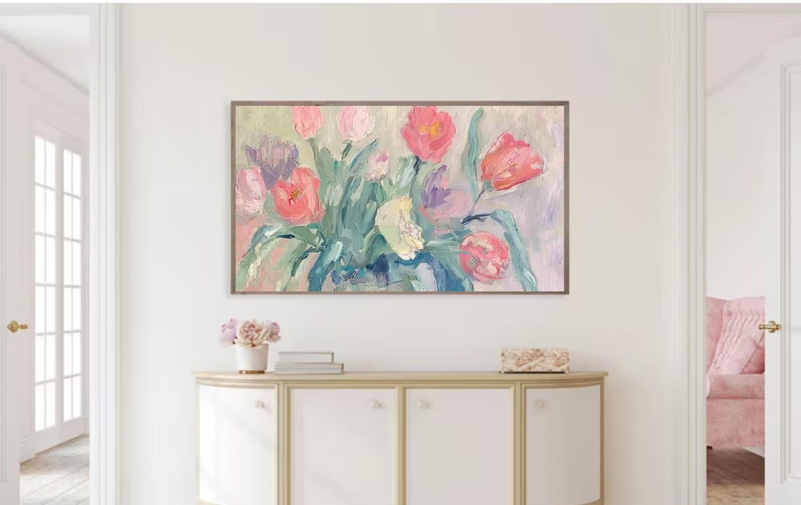 Coral Pink Tulips Fresh Green Leaves Spring Garden Painting Poster - Image 2