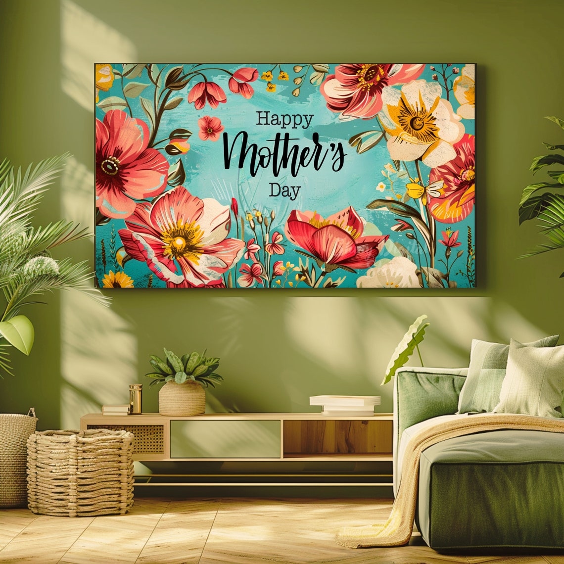 Happy Mothers Day Vintage Red Florals on Teal Holiday Greeting Poster - Image 2