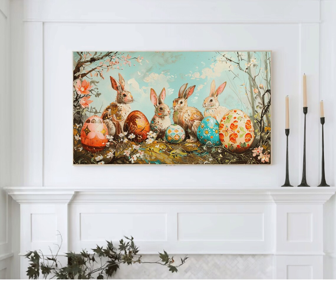 Vintage Easter Bunny, Rabbits With Eggs Painting - Image 2