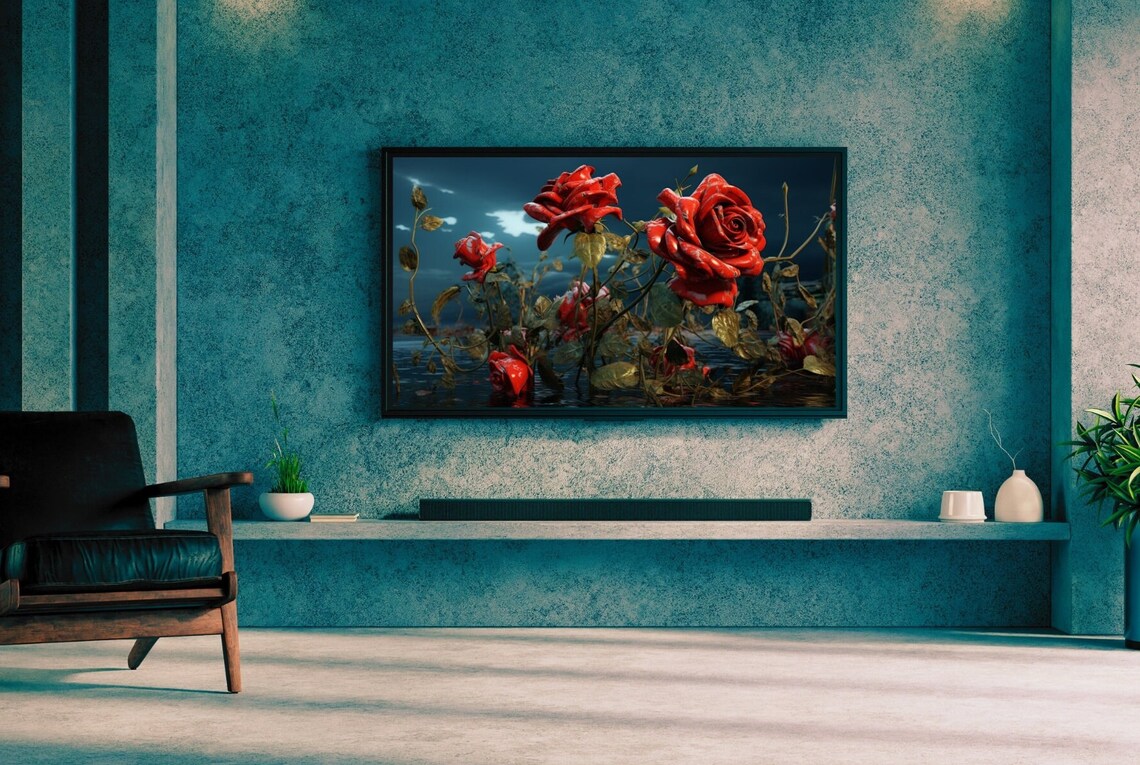 Dramatic Red Roses Moonlit Night Dark Blue Water Romantic Floral Frame TV Print - Image 2