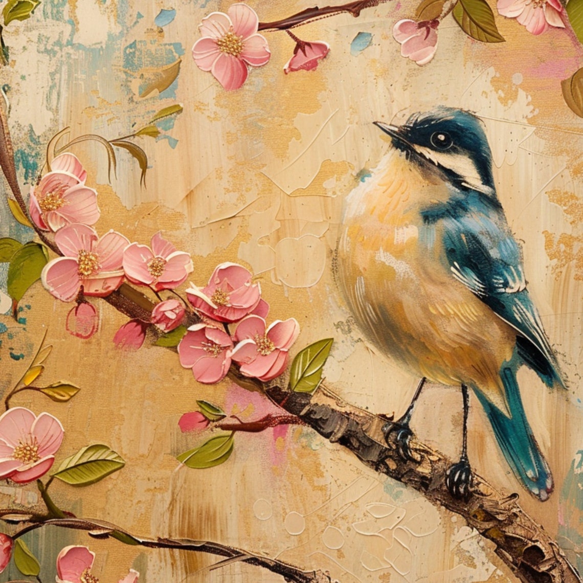 Blue Songbird on Cherry Blossom Branch Vintage Spring Nature Wall Art - Image 3