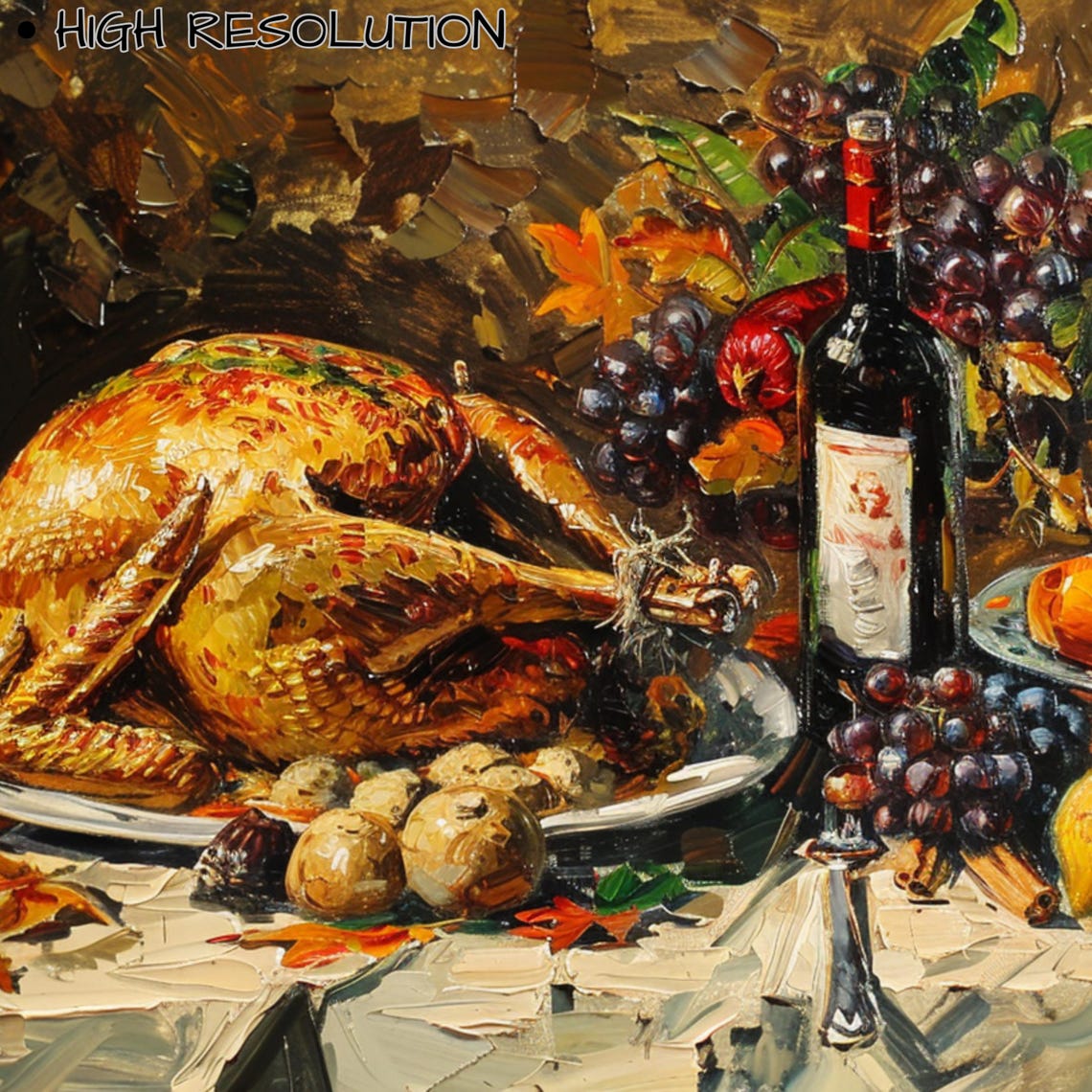 Roast Turkey Thanksgiving Still Life Wine Grapes Impasto Fall Wall Art - Image 3