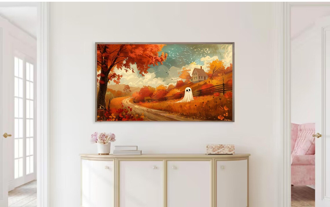Ghost In Autumn Countryside Farmhouse Fall Foliage Painting Poster - Image 2
