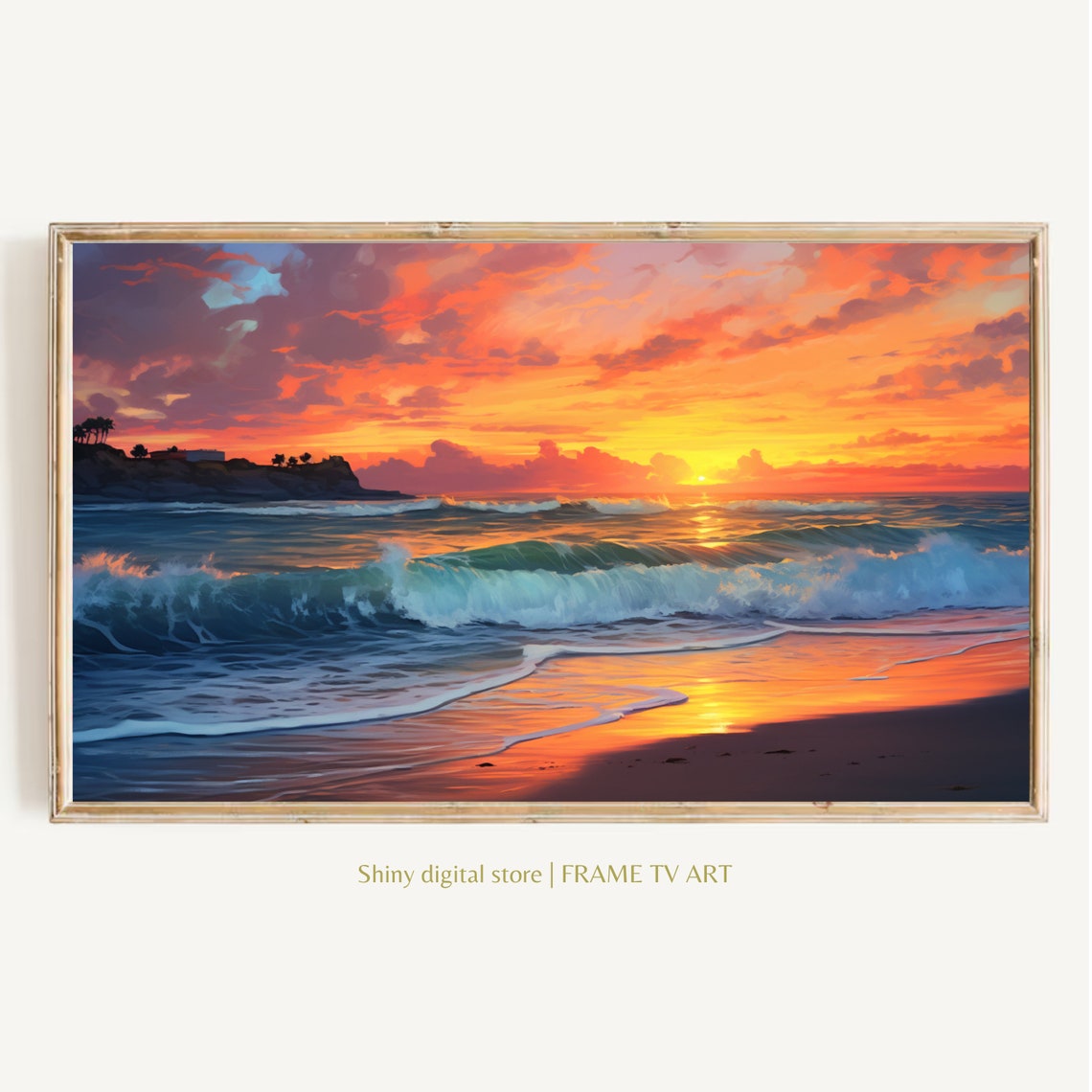 Ocean Sunset Crashing Waves Orange Sky Coastal Painting Poster