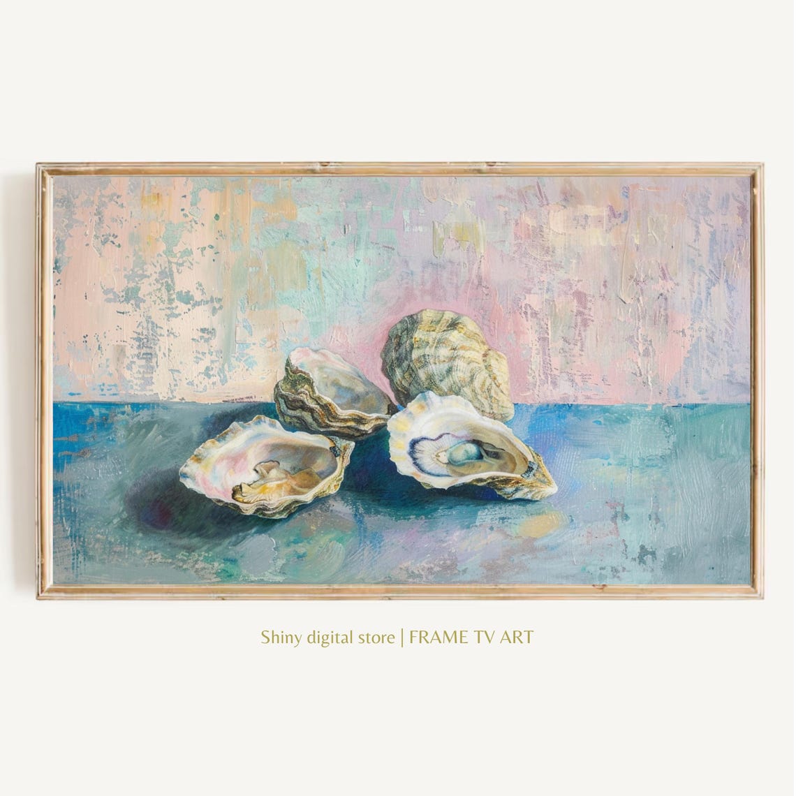 Oyster Shells Coastal Still Life Pastel Pink Blue Ocean Art Poster