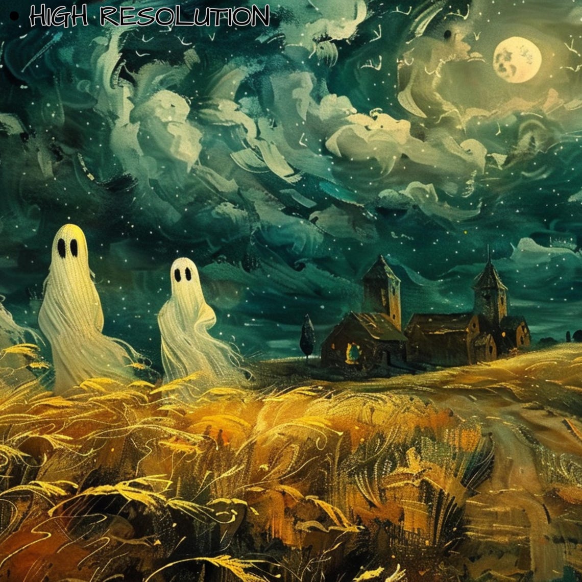 Cute Ghosts Golden Wheat Field Night Moon Spooky Halloween Poster - Image 3