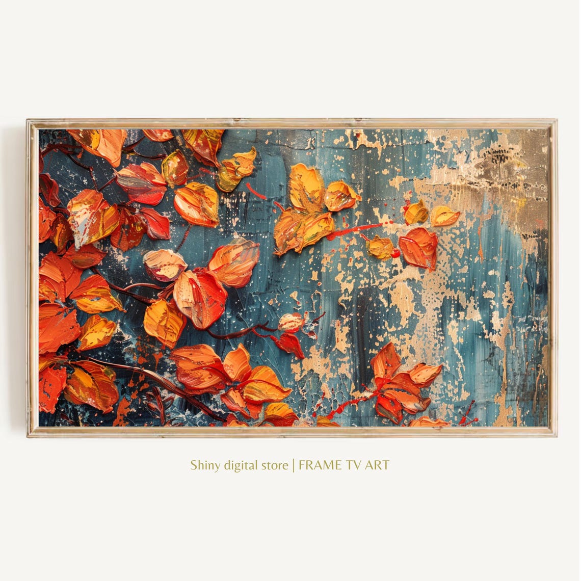 Autumn Leaves Teal Background Textured Fall Foliage Art Poster