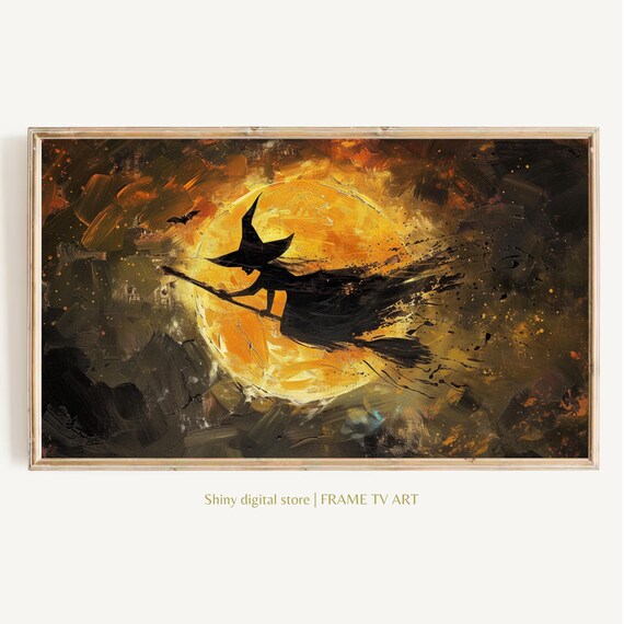 Witch on Broomstick Crossing Amber Full Moon Dark Halloween Oil Wall Art