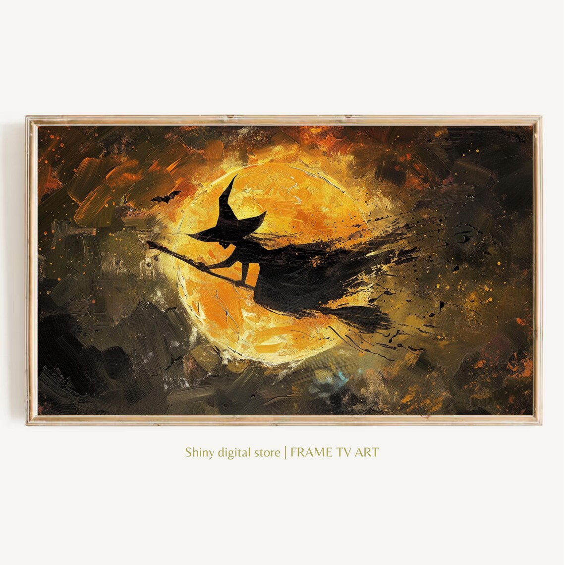 Witch on Broomstick Crossing Amber Full Moon Dark Halloween Oil Wall Art