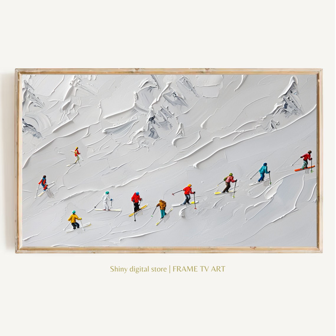 Tiny Skiers White Mountain Slope Minimalist Winter Ski Scene Art Print