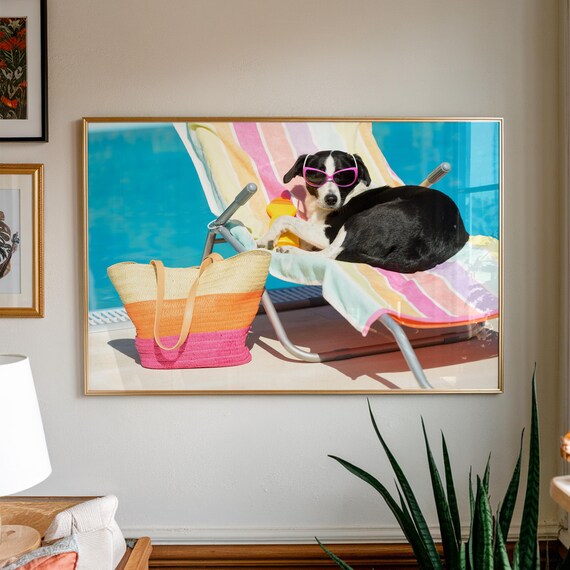 Dog Lounging By The Pool Wall Art Colorful Summer Decor Funny House Print Animal Lover Gift Parent