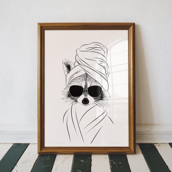 Raccoon Bathroom Wall Art With Towel Wrap Retro Print Trendy Decor New Home Gifts Animal