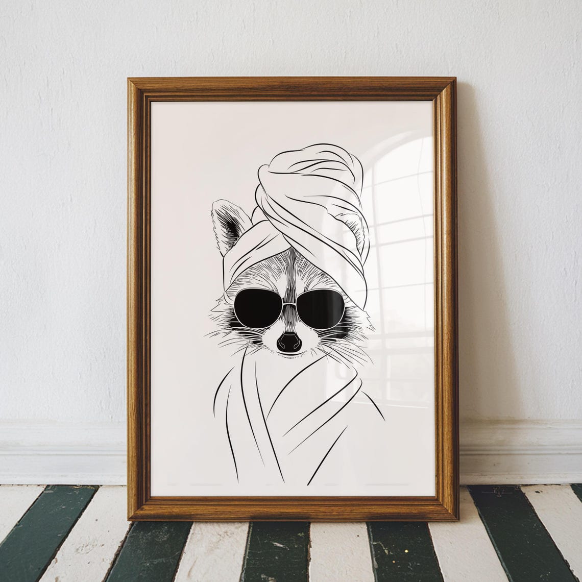 Raccoon in a Towel Wrap Sunglasses Minimalist Line Art Bathroom Poster