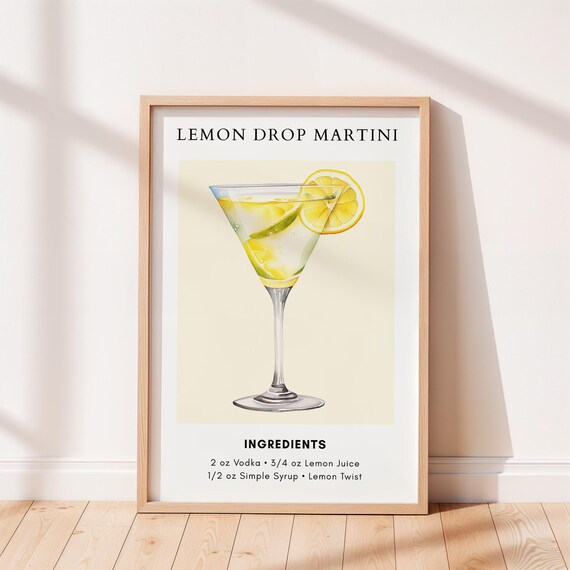 Lemon Drop Martini Cocktail Recipe Watercolor Bar Cart Poster