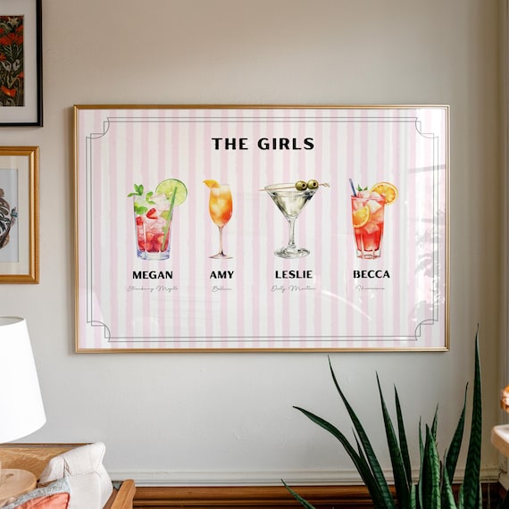The Girls Custom Cocktail Names Pink Striped Girls Night Poster