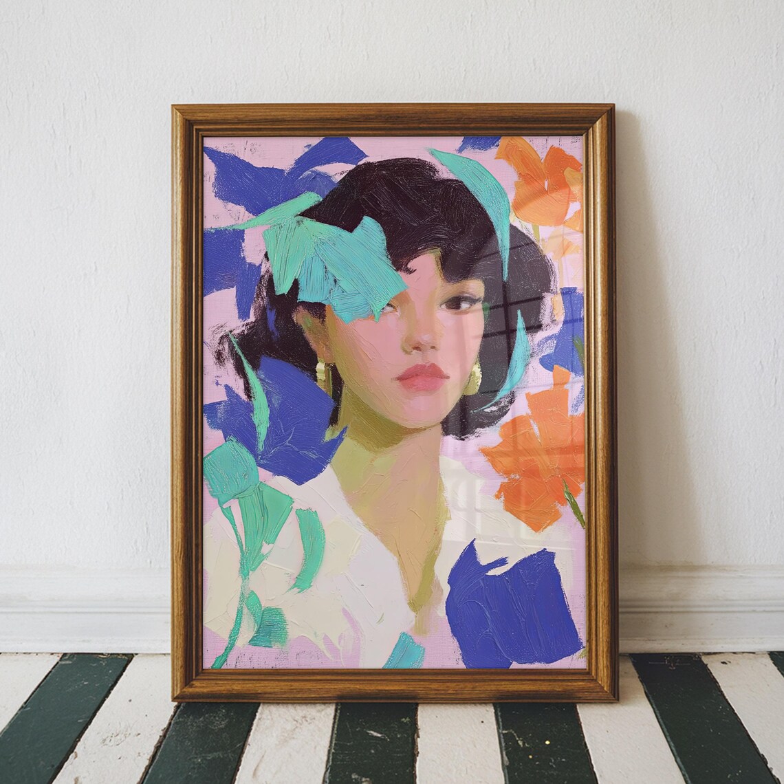 Colorful Abstract Woman Portrait Painting Tropical Flowers Bold Eclectic Poster