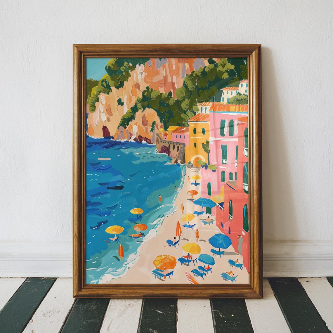 Italian Coastal Beach Scene with Pastel Houses and Cliffs Poster