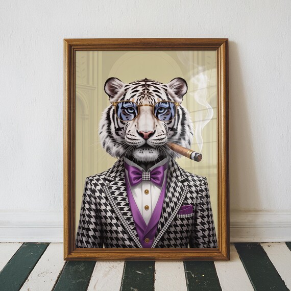 White Tiger In A Suit Painting Funny Animal Wall Art Colorful Room Decor Elegant Bar Unframed