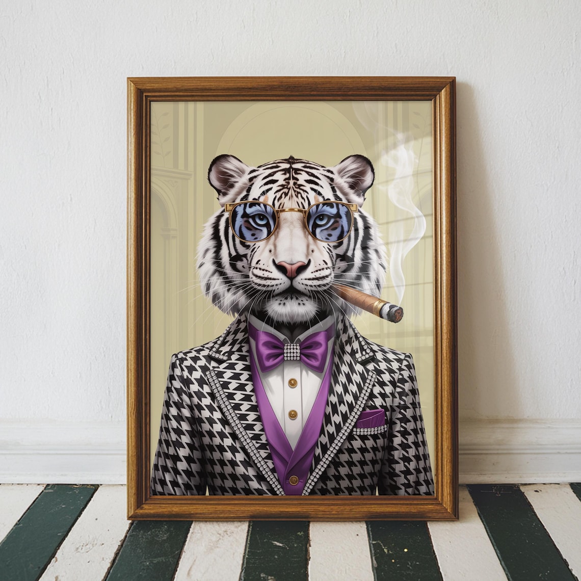 White Tiger Tuxedo Cigar Sunglasses Dapper Animal Art Poster