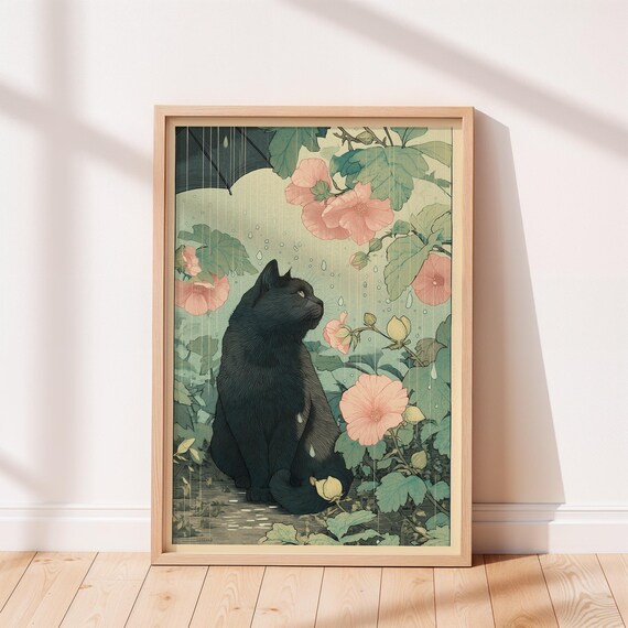 Black Cat in Rain Japanese Style Illustration Pink Blossoms Botanical Art Poster