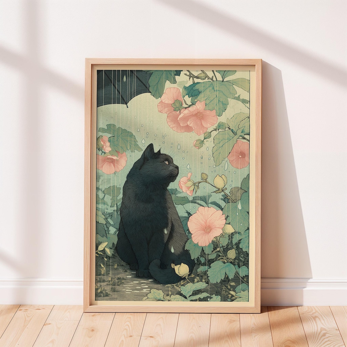 Black Cat in Rain Japanese Style Illustration Pink Blossoms Botanical Art Poster
