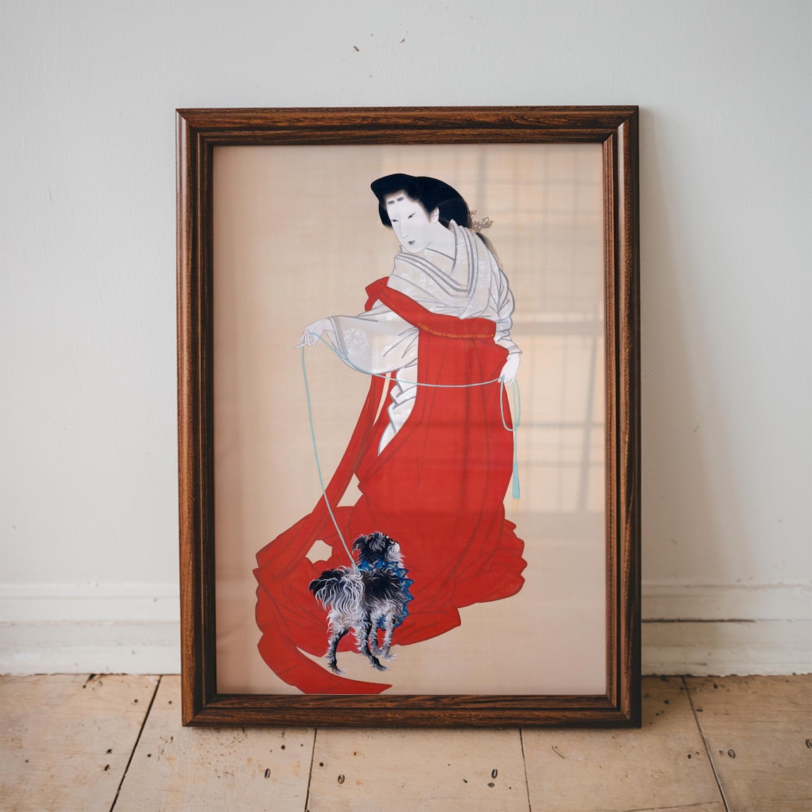 Woman in Red Kimono Walking a Small Dog Vintage Japanese Art Print