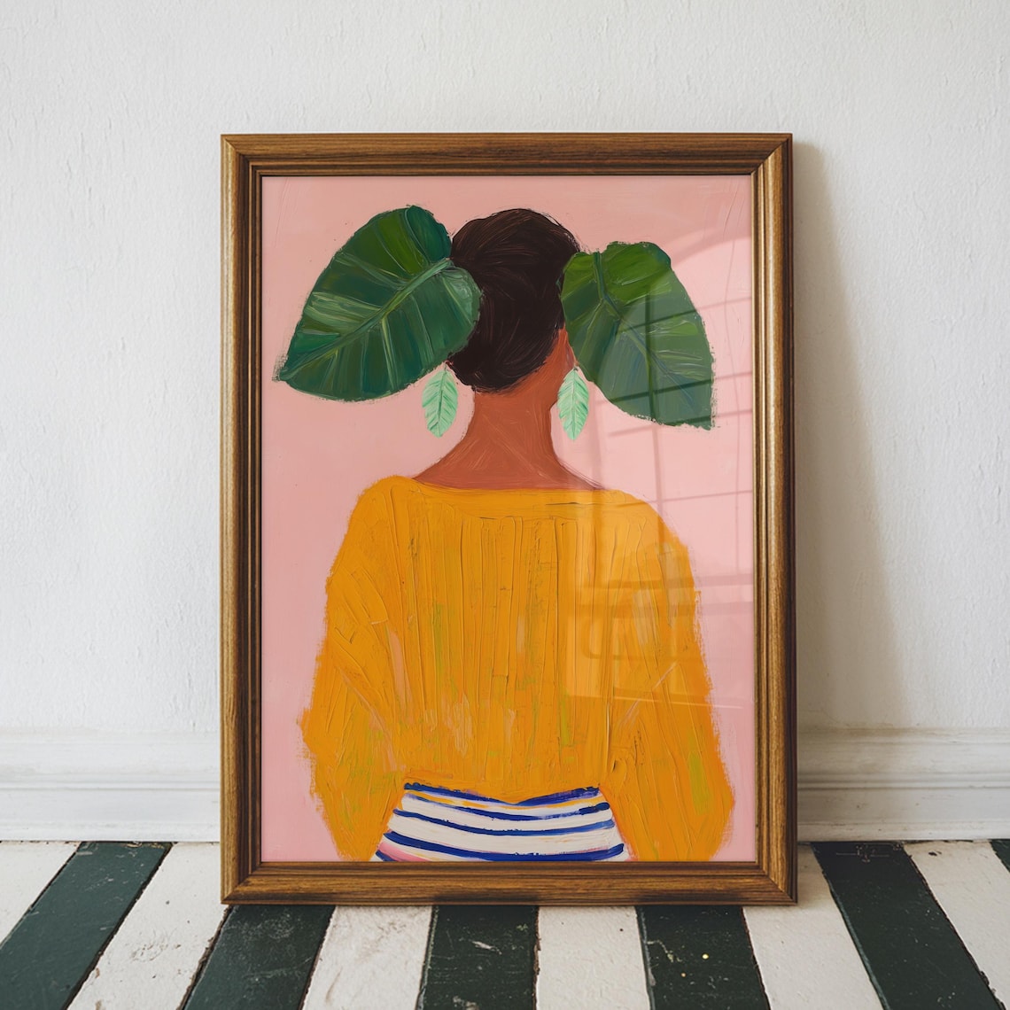 Woman From Behind With Tropical Leaves Pink Modern Portrait Poster