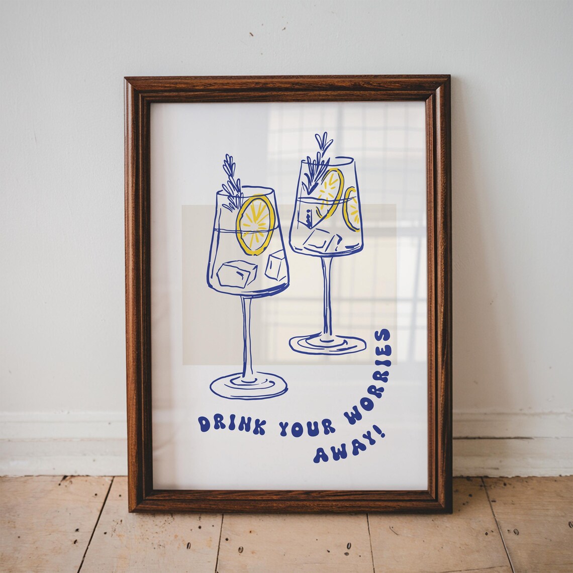 Drink Your Worries Away Cocktail Spritz Bar Cart Blue Line Art Poster