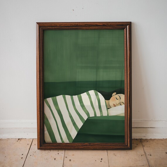 Woman Sleeping In Green Bed Striped Blanket Peaceful Slumber Art Poster