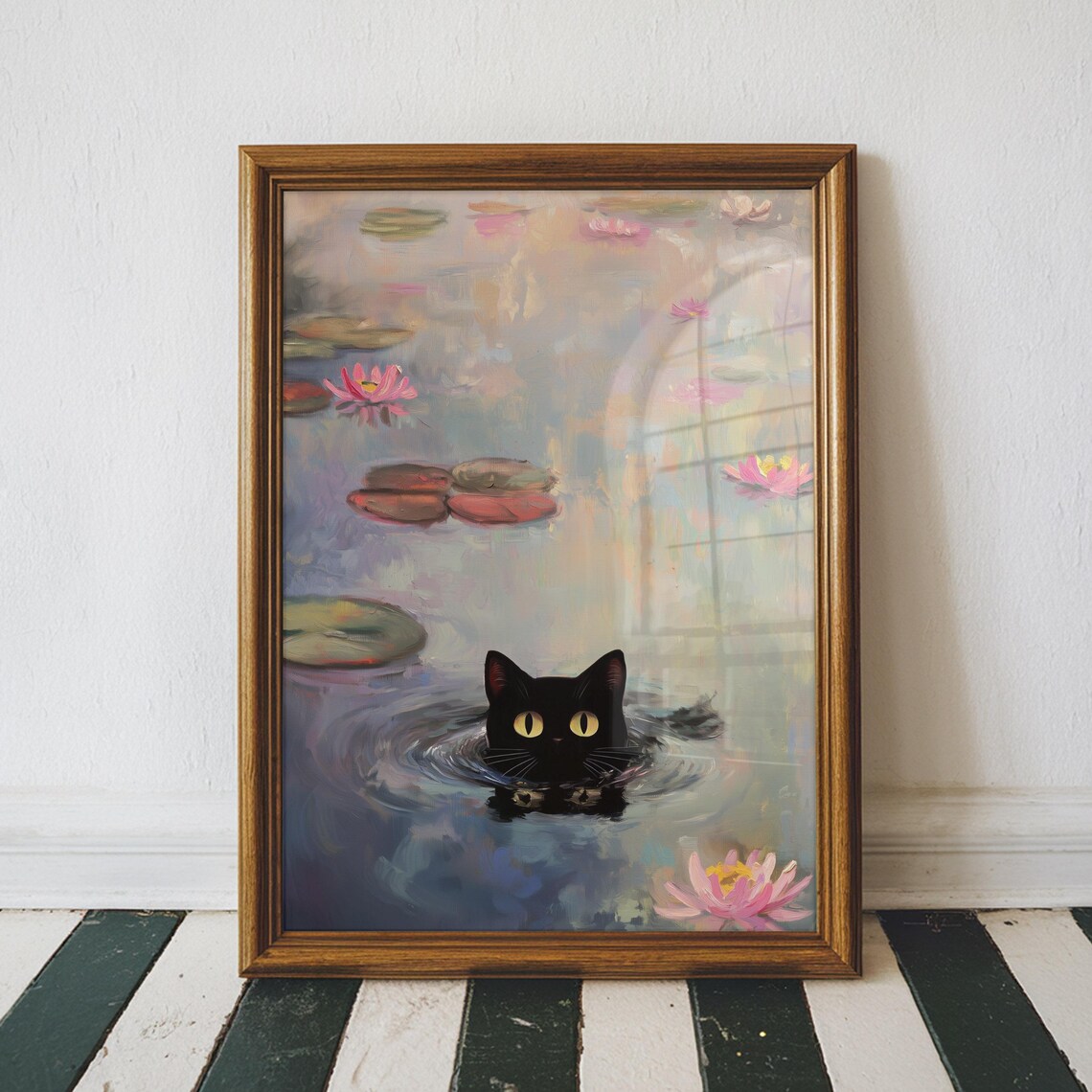 Black Cat Swimming In Water Lily Pond Impressionist Style Art Poster