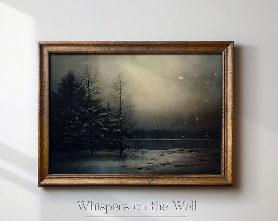 Winter Landscape Wall Art Forest Nightscape Art Print Dark Aesthetic Painting Moody Night Print Lake Wall Art