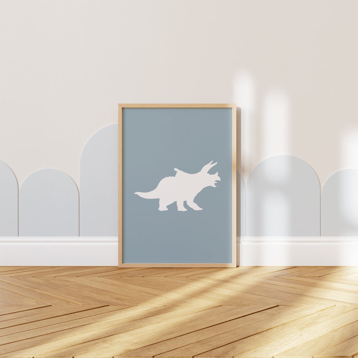 White Triceratops Dinosaur Silhouette Blue Boys Nursery Print - Image 2