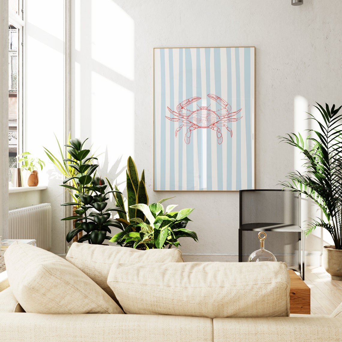Red Crab Coastal Line Art Blue White Stripe Beachy Nautical Poster - Image 4