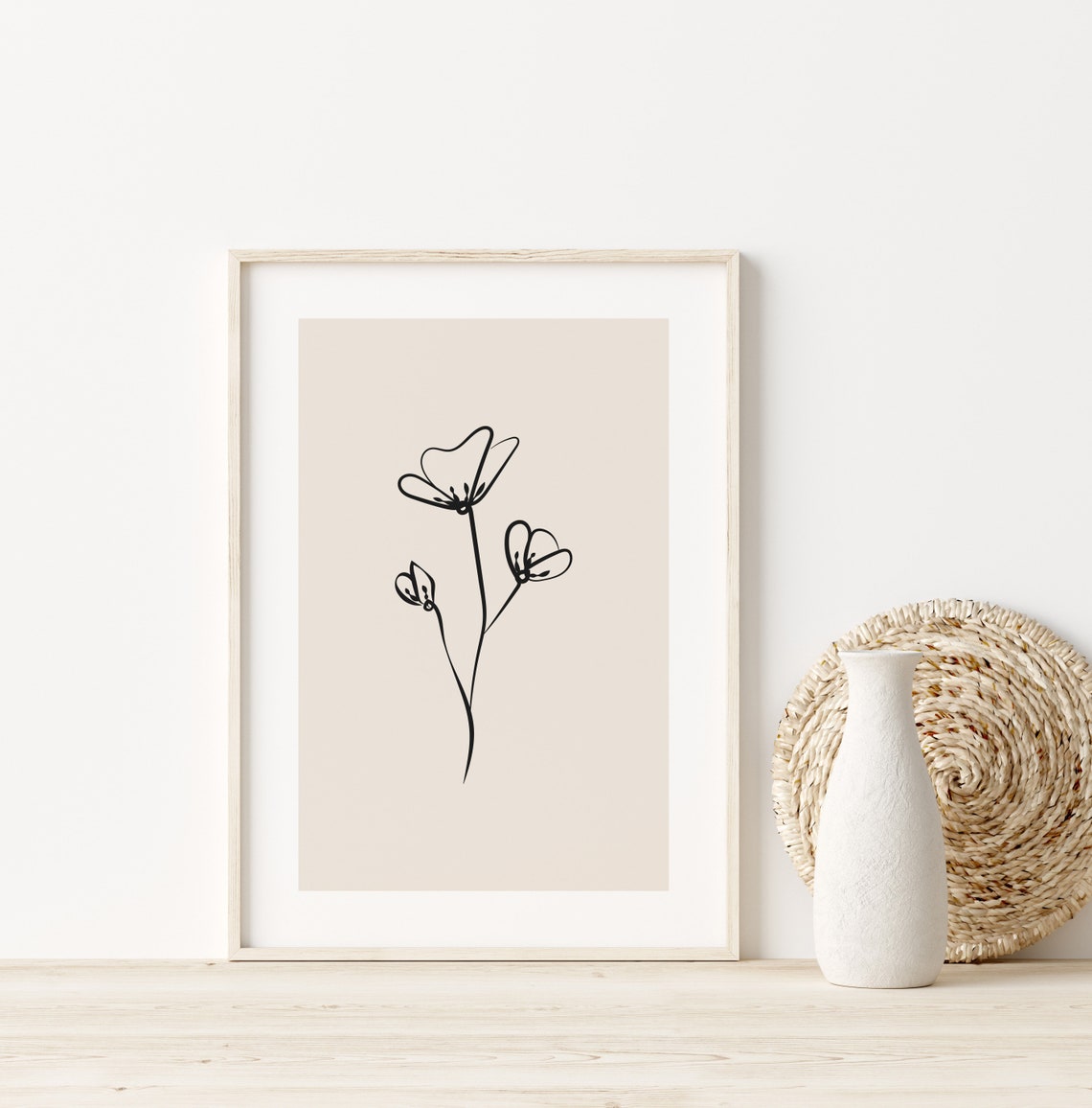 Black Line Poppies Flower Drawing Beige Minimalist Botanical Poster