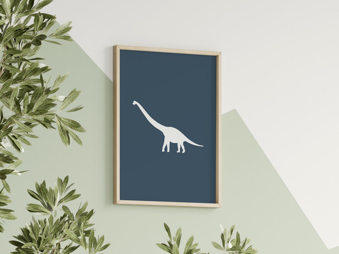 Brachiosaurus Navy Silhouette Dinosaur Nursery Poster For Boys