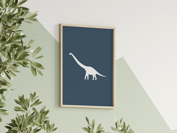 Brachiosaurus Navy Silhouette Dinosaur Nursery Poster For Boys