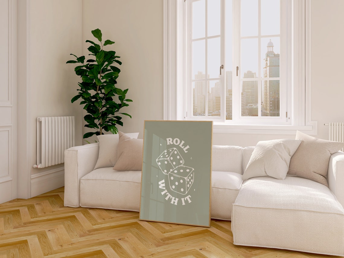 Roll With It Lucky Dice Quote Sage Green Retro Game Room Poster - Image 3