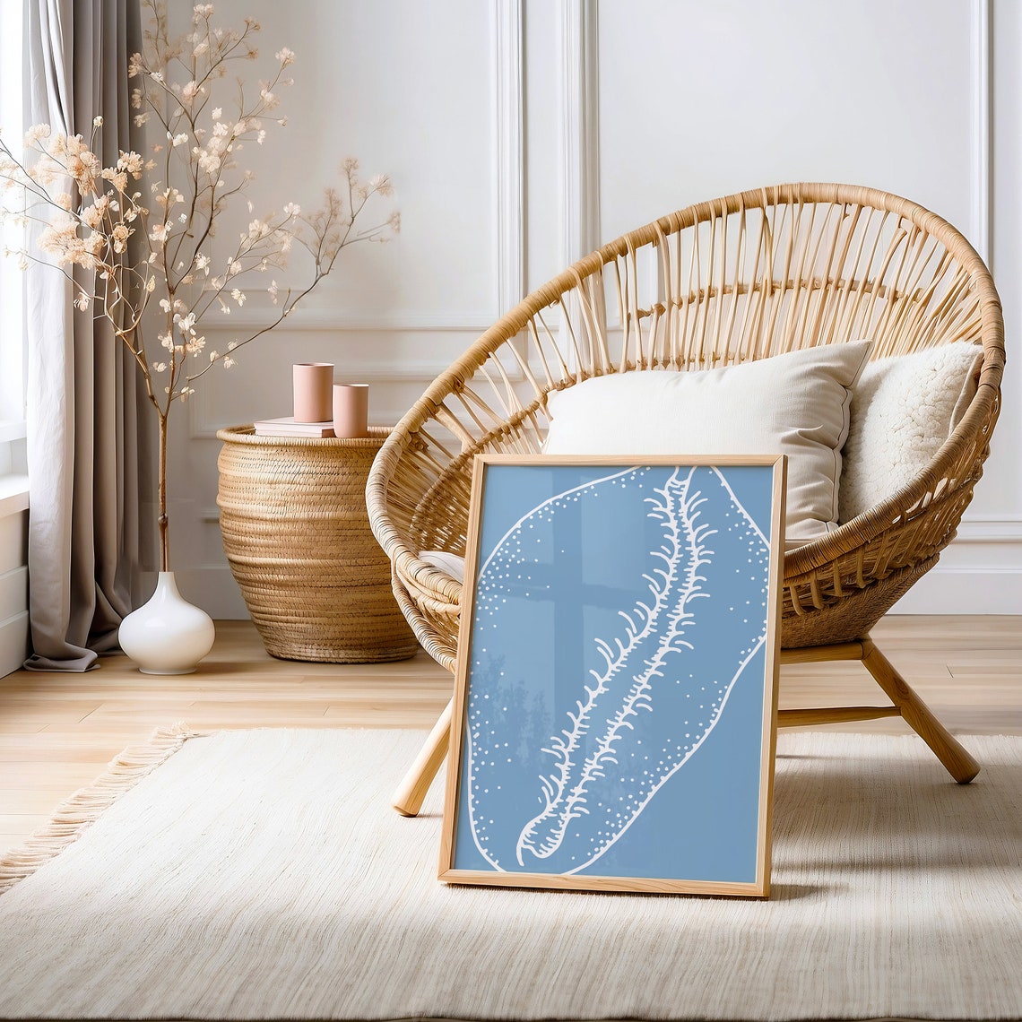 Blue Seashell White Line Illustration Coastal Ocean Art Poster - Image 3
