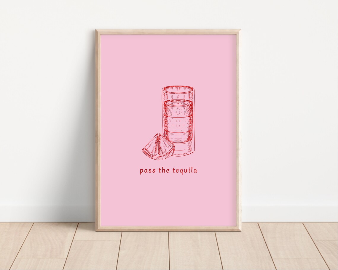Pass The Tequila Shot Glass Red Line Art Pink Bar Party Decor Poster
