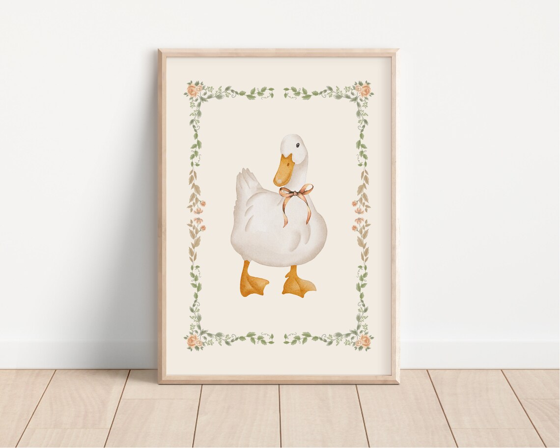 Watercolor Duck With Bow Floral Frame Nursery Print For Girls - Image 2