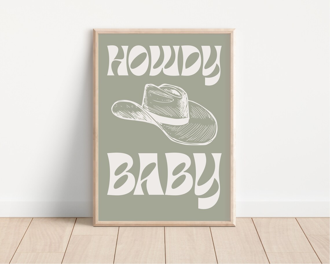 Howdy Baby Cowboy Hat Sage Green Retro Western Nursery Poster - Image 3