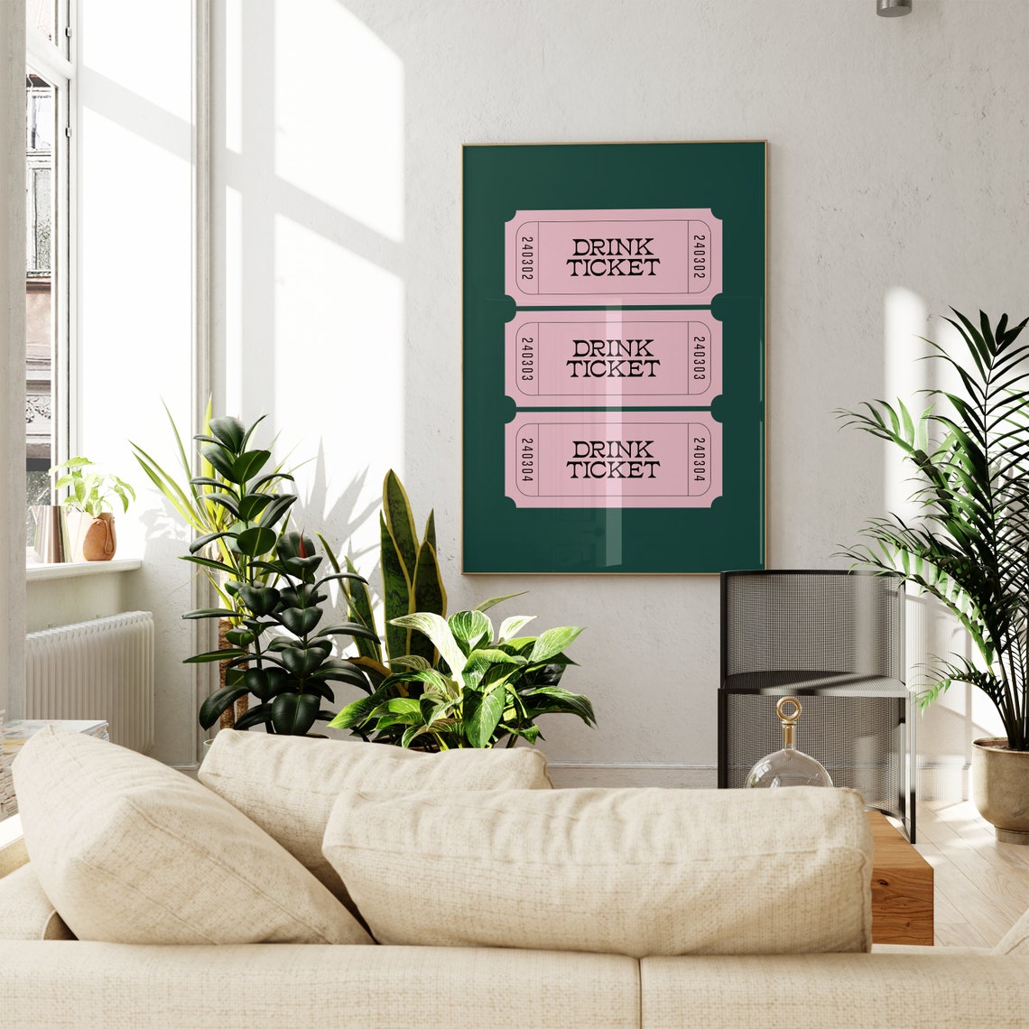 Pink Drink Ticket Trio Dark Green Retro Party Bar Print Decor - Image 3